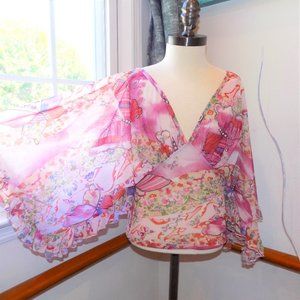 LVLX Butterfly Floral Print Ruffle Statement Sleeve Top Size Small